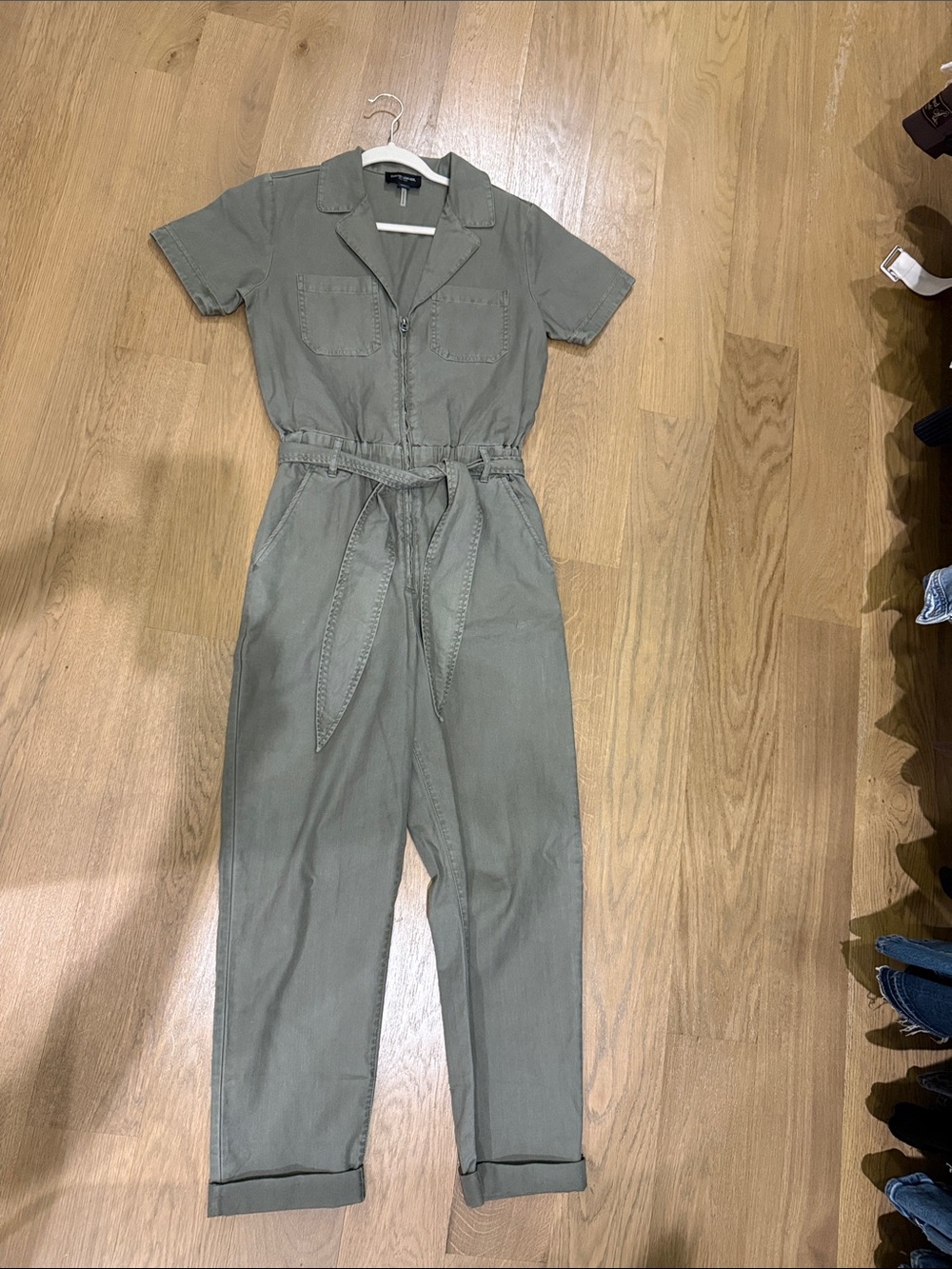 David Lerner Short-Sleeve Tie-Waist Jumpsuit in Olive